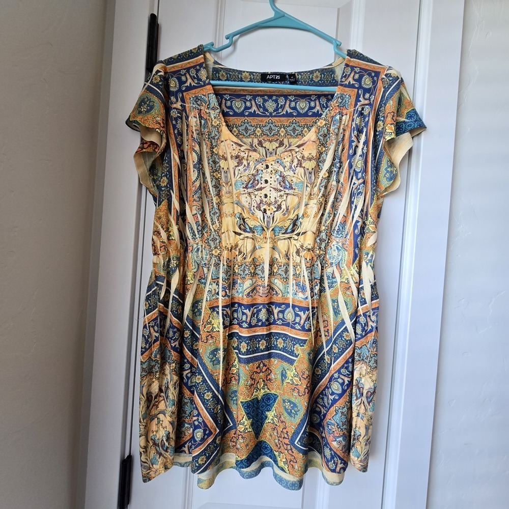 Apt 9 Womens M Medium Boho Paisley Top Short Sleeve‎ Orange Blue Whimsy